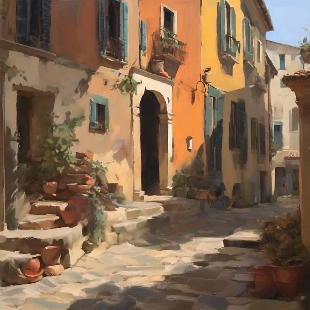 Μικρό παραδοσιακό χωριό, δρόμος με πλακάκια, πολύχρωμα σπίτια, καλοκαίρι, ζωγραφική τοπίων, καλλιτεχνικά ρεύματα.