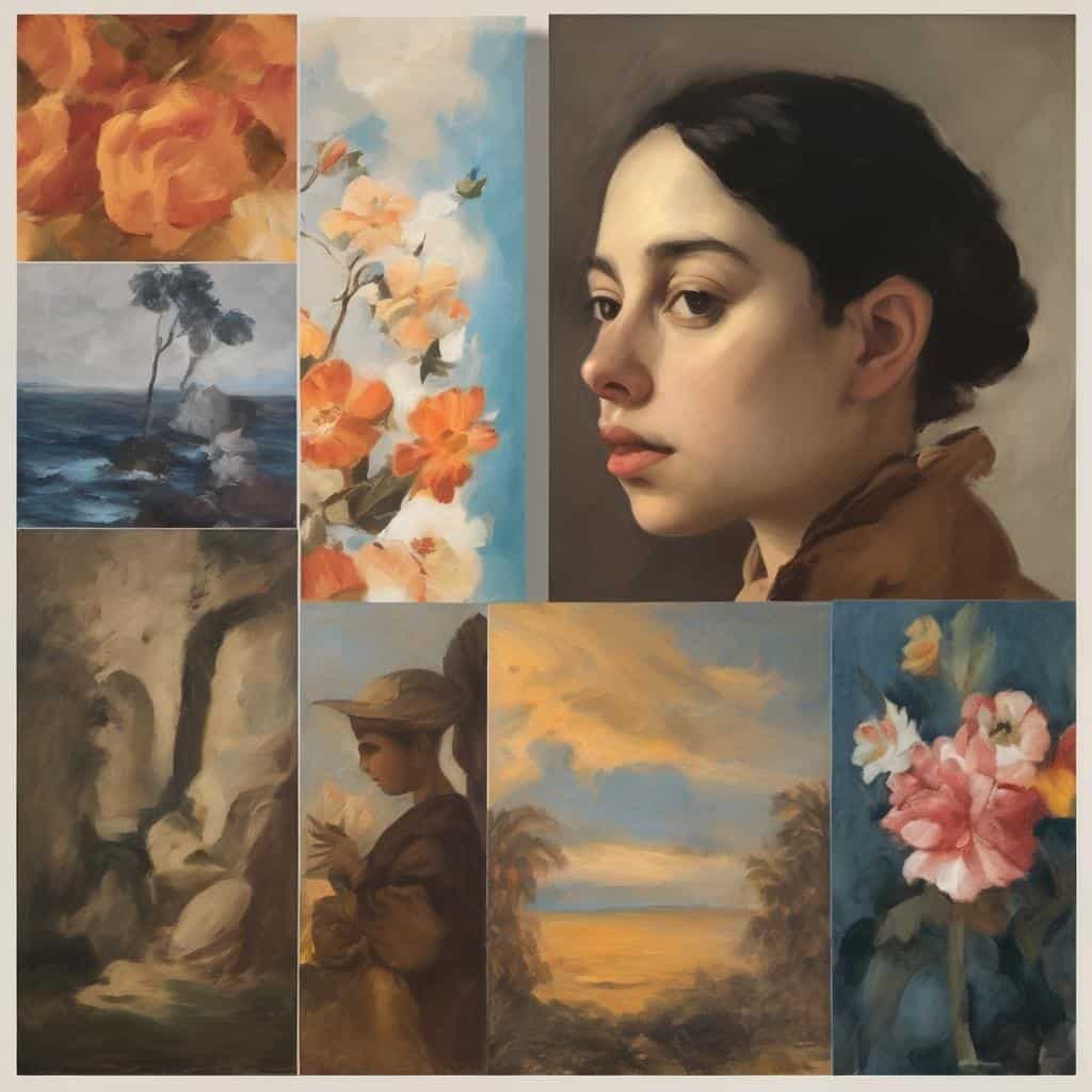Πίνακες ζωγραφικής με καλλιτεχνικά ρεύματα και εξέλιξη της τέχνης, φάση ρομαντισμού και μοντέρνας τέχνης, που αναδεικνύουν την αισθητική και το ταλέντο.