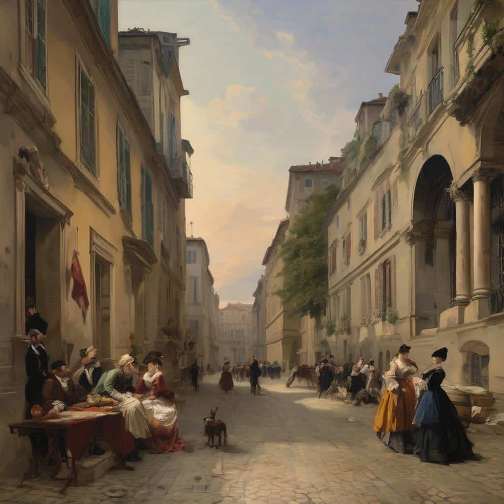 Καλλιτεχνικά ρεύματα και η εξέλιξη της τέχνης, αστική σκηνή, ιστορικό περιβάλλον, ζωγραφική, 19ος αιώνας, αρχιτεκτονική, κοινωνική ζωή, ιταλικά τοπία, ηθικά αρχεία, ρεαλισμός, τέχνη και πολιτισμός.